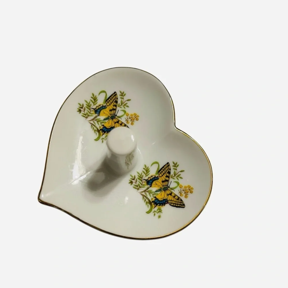 Vintage Heart Shaped Butterfly Ring Holder Porcelain Japan Trinket Dish 4